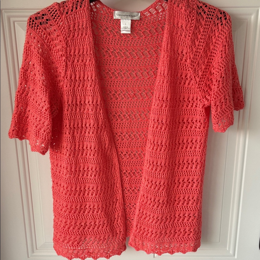 Christopher & Banks Coral Open-Weave Short Sleeve Cardigan